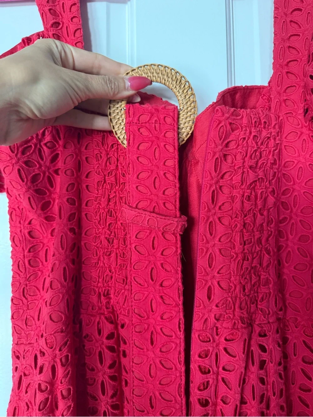 NADINE MERABI Julia Red Eyelet Midi Dress, Belt and Removable shoulder ruffles
